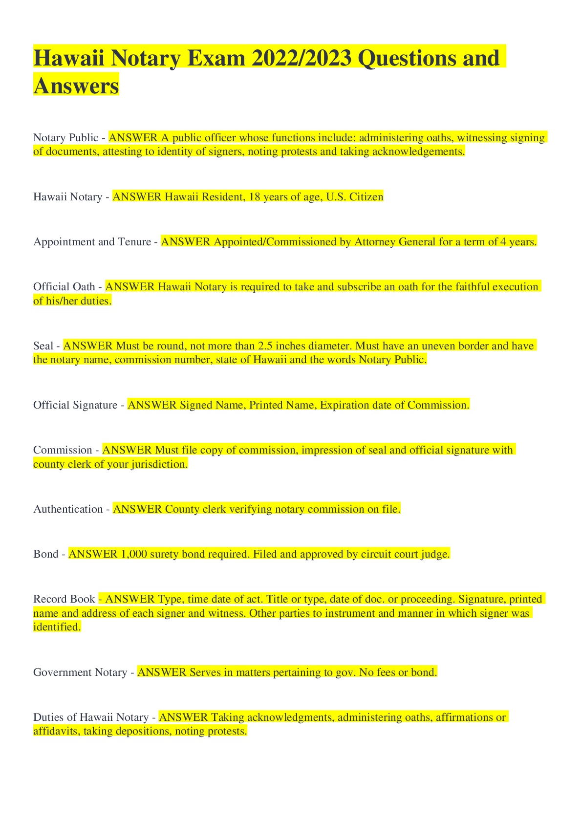 Hawaii Notary Exam 2022/2023 Questions and Answers Browsegrades